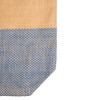 A large zipped tote in beige and blue, featuring a woven pattern with a logo on the side.