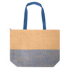 A large zipped tote in natural beige with a blue base and matching handles, featuring a logo.