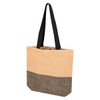A tote bag with a tan upper section and a black lower section, featuring two black handles and a logo.