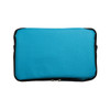 A turquoise zippered pouch with a black border, featuring a logo on the surface.