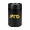 A black drink bottle with a cylindrical design. It features a logo on the front.