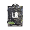 A fishing tackle pack with silver hooks, sinkers, and a logo, featuring a water-themed background.