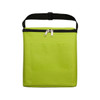 A green insulated bag with a zip closure and a front pocket, featuring a handle on top.