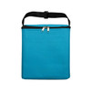 A turquoise insulated cooler bag with a zip closure and a front pocket, featuring a black adjustable strap.