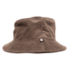 A brown cord bucket hat featuring a logo on the side and a wide brim.