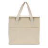 A cream cooler bag with two handles and a front pocket, featuring a simple design and a logo.