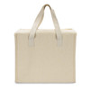 A beige cooler bag with sturdy handles and a simple design, featuring a logo on one side.