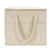 A cooler bag in a lightweight cream colour with a zip closure and handles, featuring a front pocket and branding.