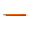 An orange metal pen with a silver tip and accents, featuring a logo.