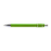 A metal pen in vibrant green with silver accents and a textured grip. Features a branding logo.