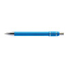 A blue metal pen with a shiny silver clip and detailing, featuring a logo on the barrel.