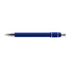 A blue metal pen with silver accents and a textured grip, featuring a logo on the side.