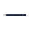 A metal pen in navy blue with silver accents and a textured grip. The pen features a branding logo.