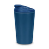A coffee cup in a deep blue shade with a secure lid and a smooth surface, featuring a logo.