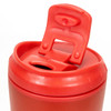 A red coffee cup with a flip-top lid, featuring a tab for easy opening and a logo.