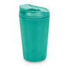 A reusable coffee cup in teal with a matching lid, featuring a logo. Ideal for hot beverages.
