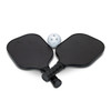 Two black pickleball paddles and a white perforated ball, arranged together. The paddles have grips and a logo.