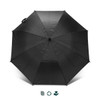 A black umbrella with a sleek design and a handle, featuring a logo on the fabric.