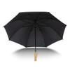 A black umbrella with a wooden handle and a sturdy frame, featuring a logo on the fabric.