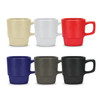 A set of stackable coffee mugs in beige, white, red, navy, grey, and black, each with a textured base and logo.