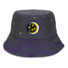 A dark grey bucket hat featuring a colourful embroidered patch of a moon and stars against a starry background.