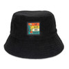 A black terry towelling bucket hat featuring a colourful patch with a hiking theme.