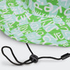 A green wide brim hat featuring a patterned design and an adjustable strap. The hat includes a logo.