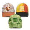 Three caps featuring unique full-colour patches: a brown floral design, a sunset pattern in orange and yellow, and a green checkered style.
