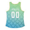 A custom women’s active tank top in a gradient of green and blue, featuring a logo and white text.