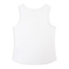 A white women's active tank top with a rounded hem and a logo on the back.