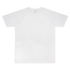 A custom men’s active t-shirt in white with short sleeves and a tag. It features a logo on the label.