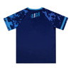 A custom women's active T-shirt in navy blue with blue camo sleeves and a branded logo on the back.