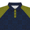 A custom men's active polo featuring a navy body with green patterned sleeves and a collar, complete with a logo.
