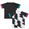 A custom women's active polo in black, white, and pink with a modern geometric design and logo.