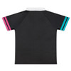 A black women's active polo shirt with pink and teal stripes on the sleeves and a white collar, featuring a logo.
