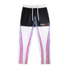 Custom women's active pants in black and white with purple and pink diagonal stripes, featuring a logo.