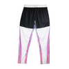 Custom women's active pants featuring a black top and white lower section with pink and purple stripes. It has a logo.