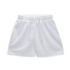 White custom youth active shorts with an elastic waistband and a drawstring. Features a logo.