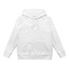 A white women's active hoodie featuring a front pocket and a hood, with a branding logo.