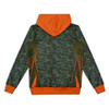 A custom youth active hoodie in camouflage green with orange accents and a hood, featuring a logo.