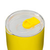 A drink bottle in bright yellow with a clear lid and yellow opening mechanism, displaying a sleek design.