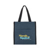 A promotional bag in navy with black handles and a logo in yellow and blue text.
