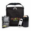 A black cooler bag with a logo, a can, a bottle opener, and a fishing tackle pack.