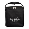 A black cooler bag with a zip closure and a front pocket, featuring a logo.
