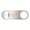 A silver bottle opener with a circular cutout and a logo featuring green and orange text.