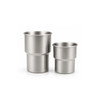 A stainless steel camping mug set featuring two sizes: 280ML and 500ML, with a polished finish.