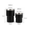 A stainless steel camping mug set in black, featuring a 500ml and a 280ml size, with labelled dimensions.
