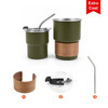 A stainless steel camping mug set in green and brown, featuring a straw, lid, and protective sleeve.