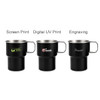 A stainless steel camping mug with a handle, available in black, featuring logos and different printing options.
