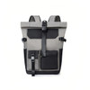 A roll-top backpack in grey and black, featuring multiple pockets and adjustable straps, with a logo on the front.